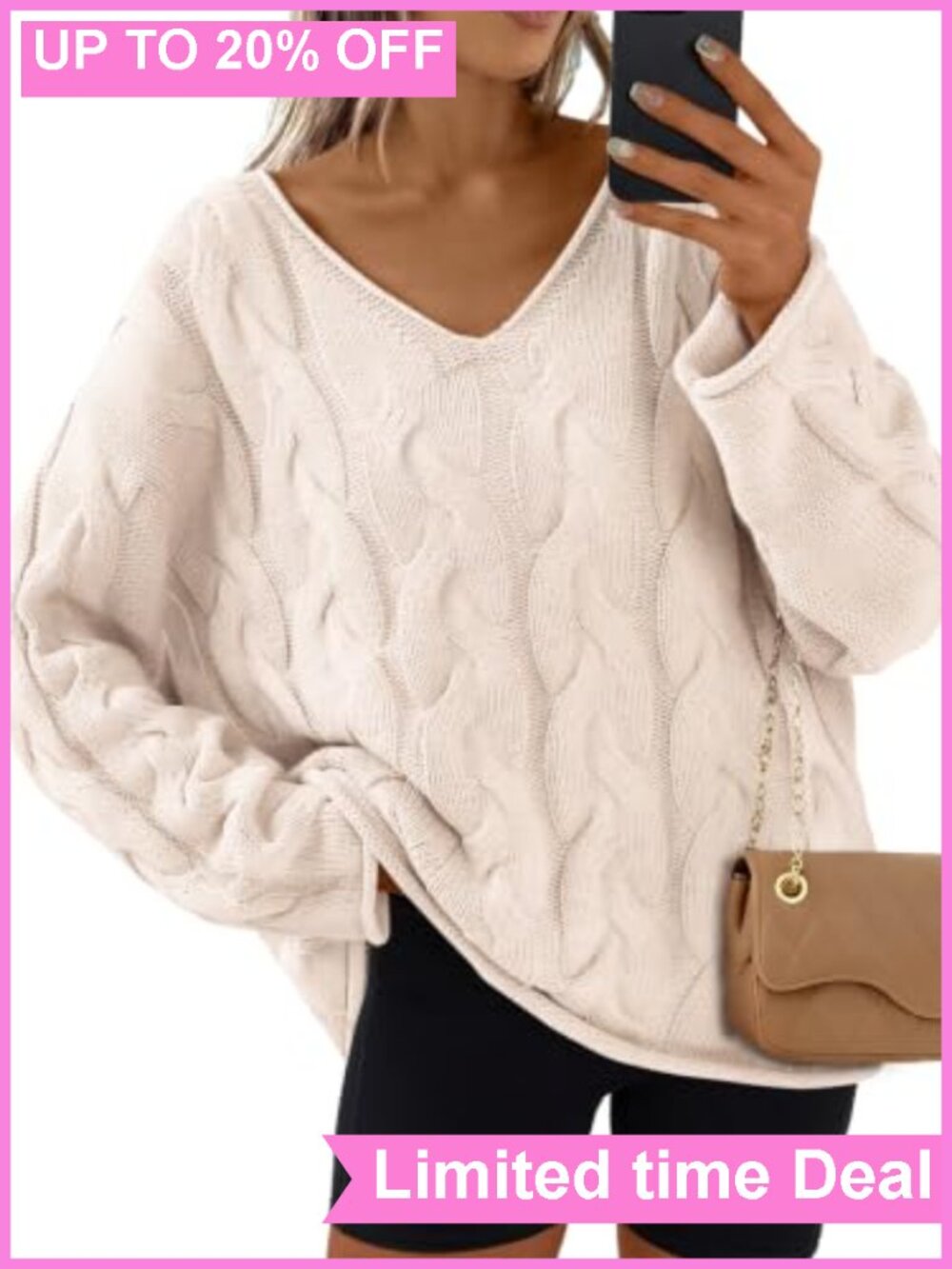 Oversized Cable Knit V Neck Chunky Pullover Sweater